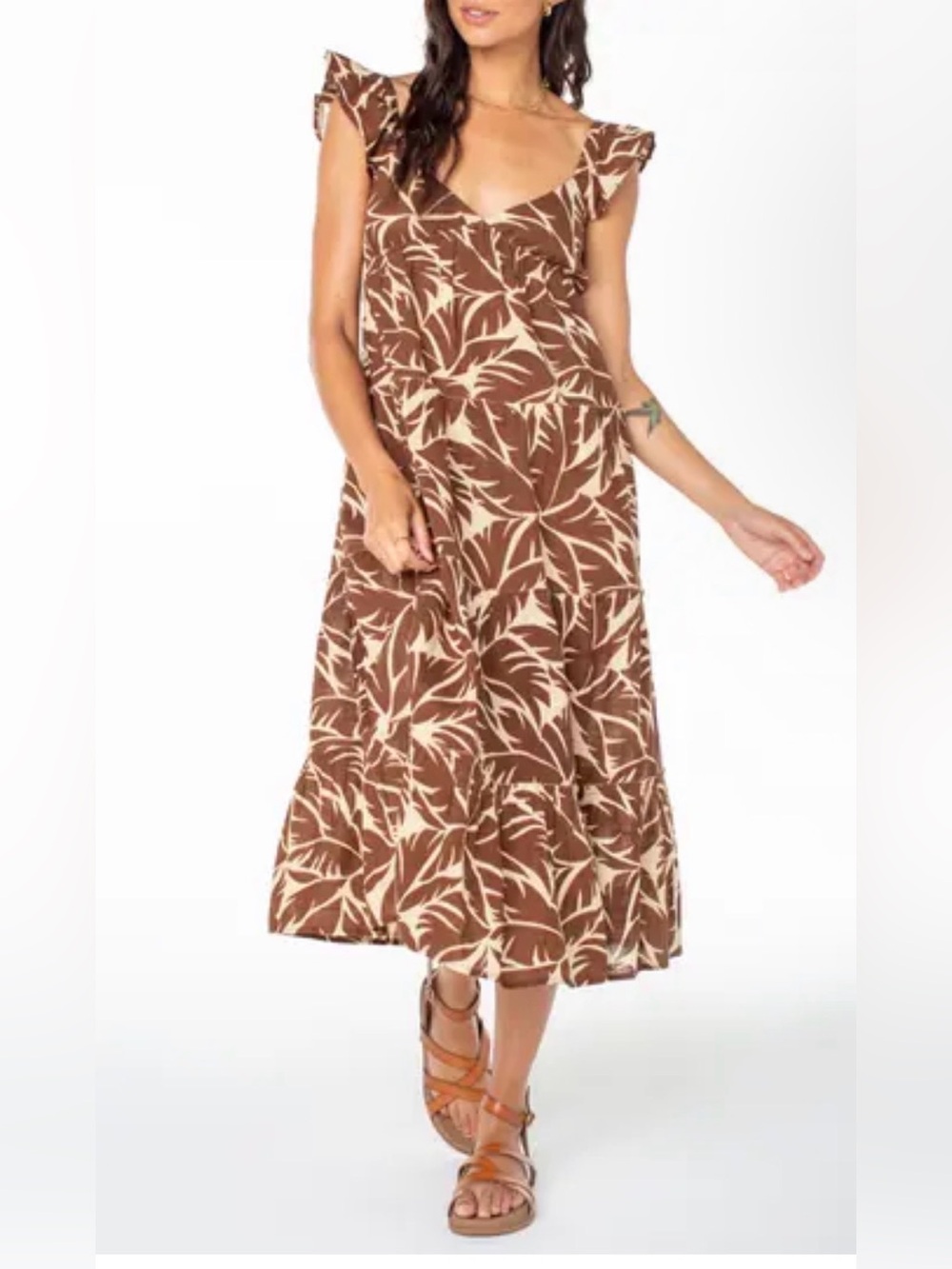 Roxy Tropical Leaf Print Tiered Midi Dress - Size L  Brown/Cream